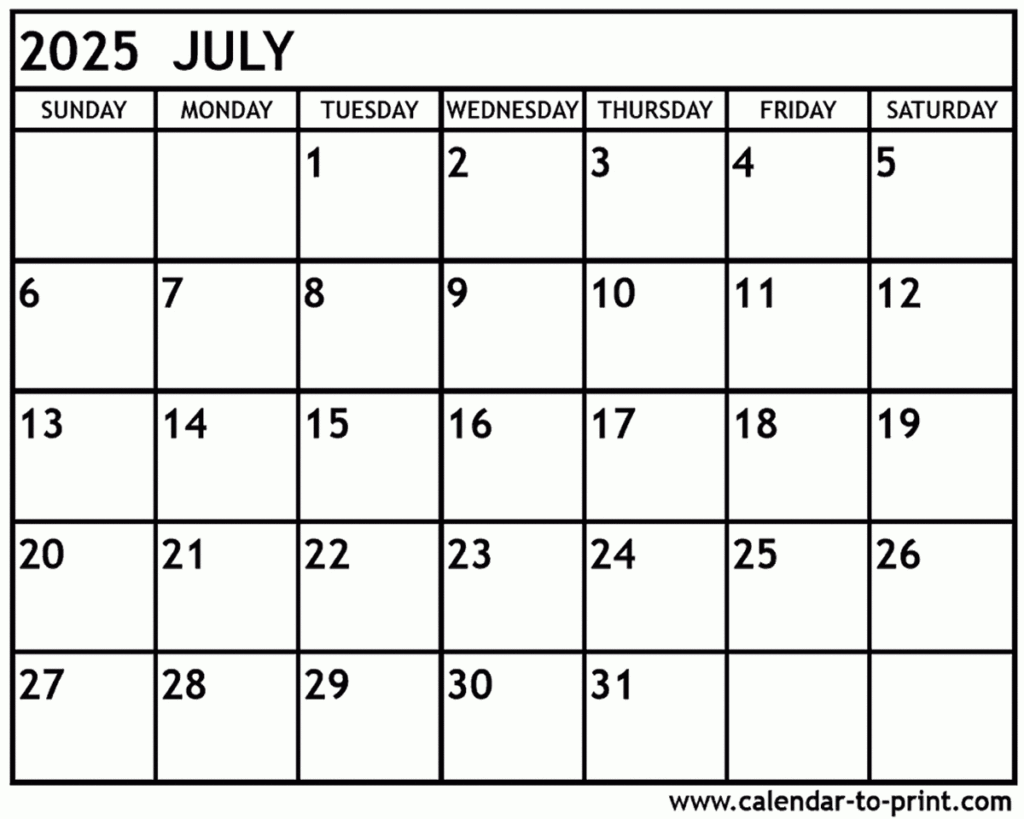 July 2025 Calendar Printable Pertaining To August 2025 To July 2025 Calendar Printable