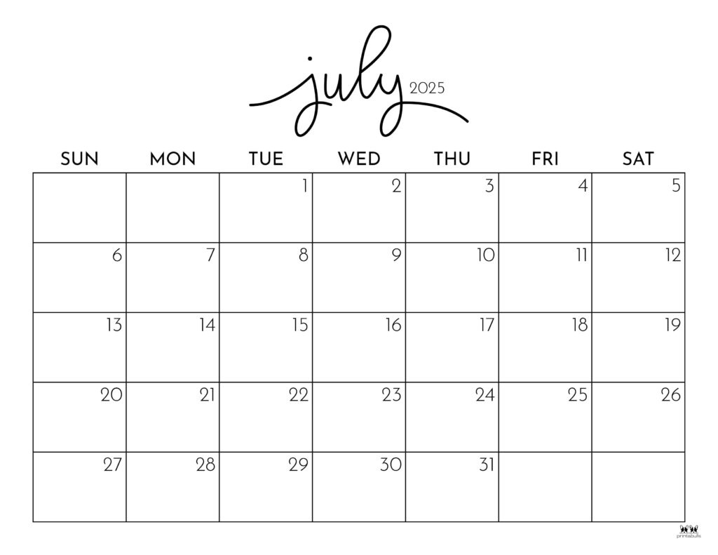 July 2025 Calendars - 107 Free Printables | Printabulls intended for July 2025 Weekly Calendar Printable