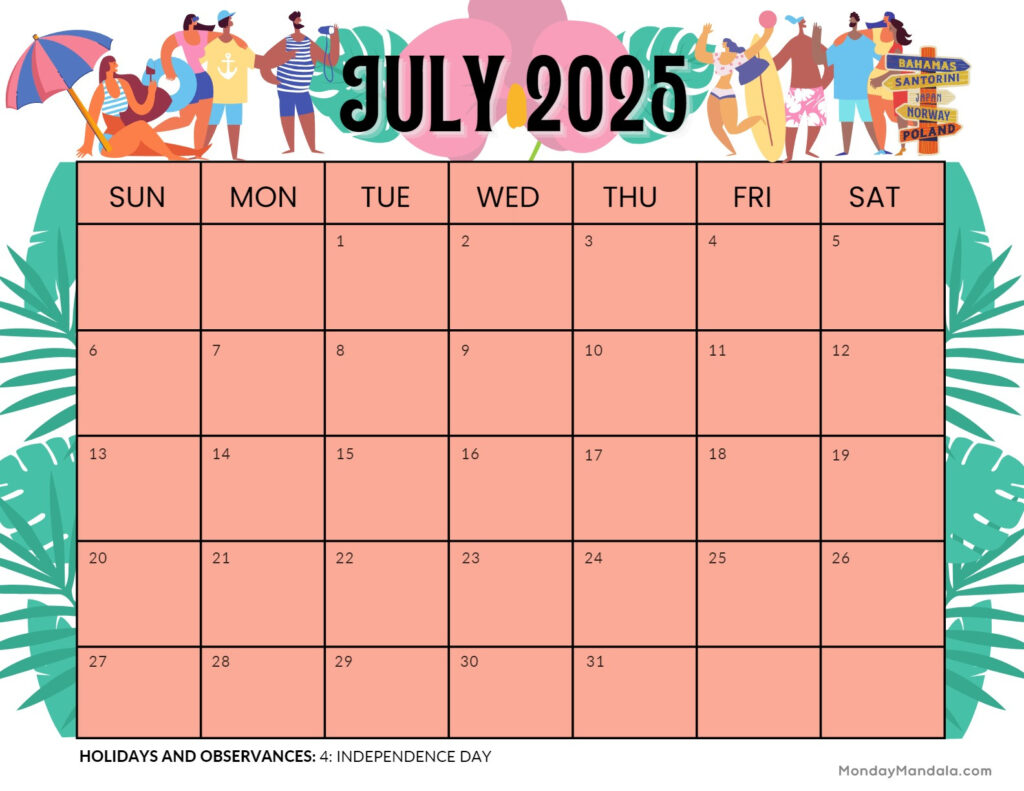 July 2025 Printable Calendar (52 Free Pdf Printables) Inside July 2025 Calendar With Holidays Printable Free