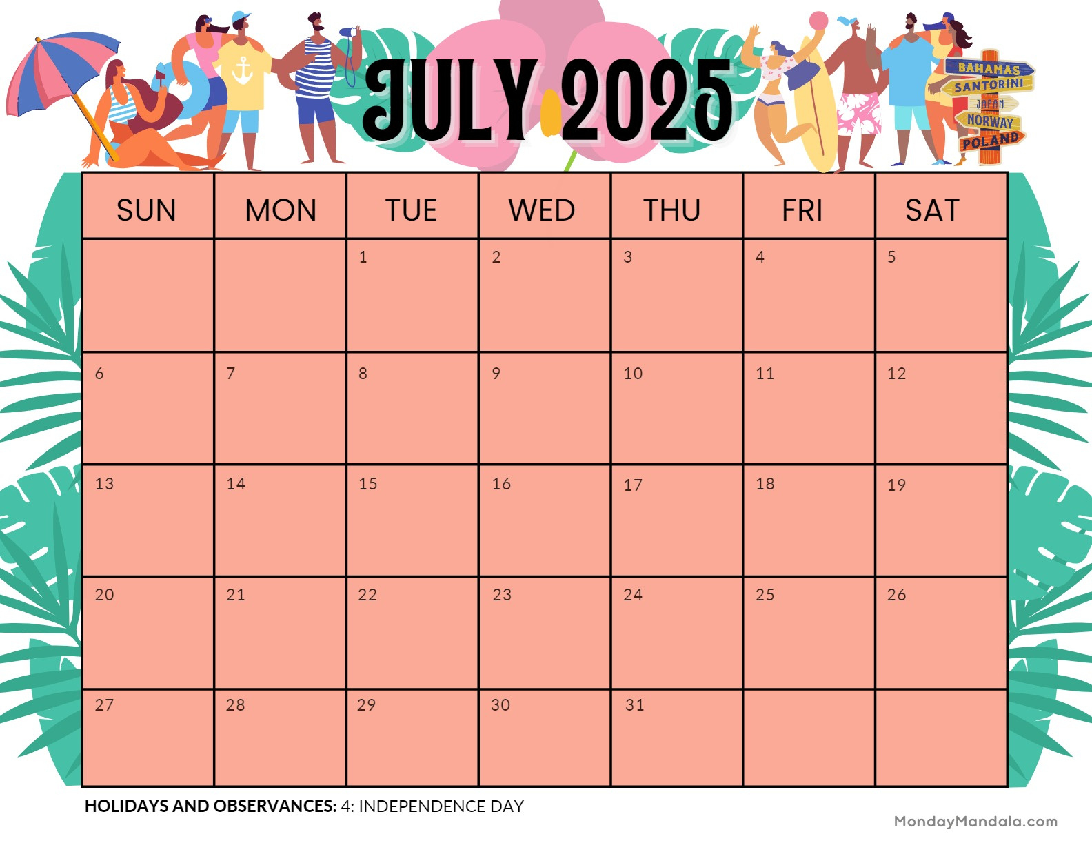 July 2025 Printable Calendar (52 Free Pdf Printables) inside July 2025 Calendar With Holidays Printable Free