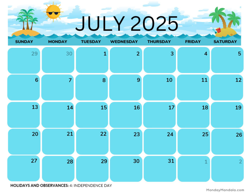 July 2025 Printable Calendar (52 Free Pdf Printables) Intended For Summer Calendar Printable 2025