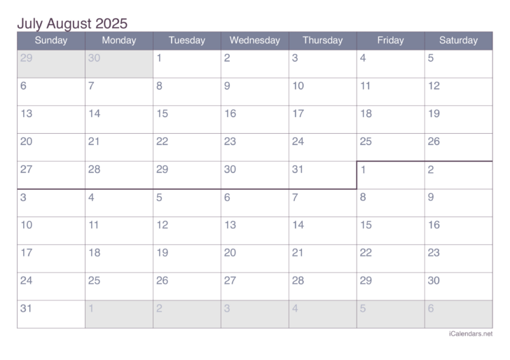 Printable Calendar June July August 2025