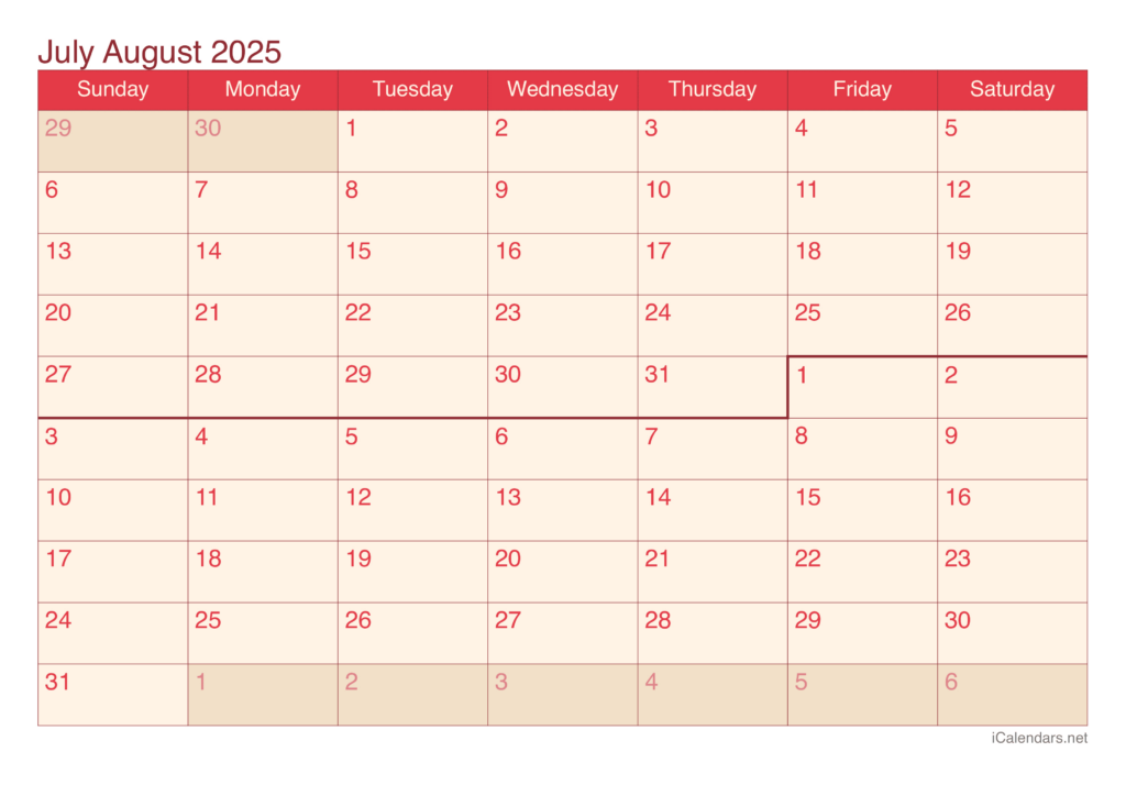 July And August 2025 Printable Calendar Intended For July August 2025 Calendar Printable