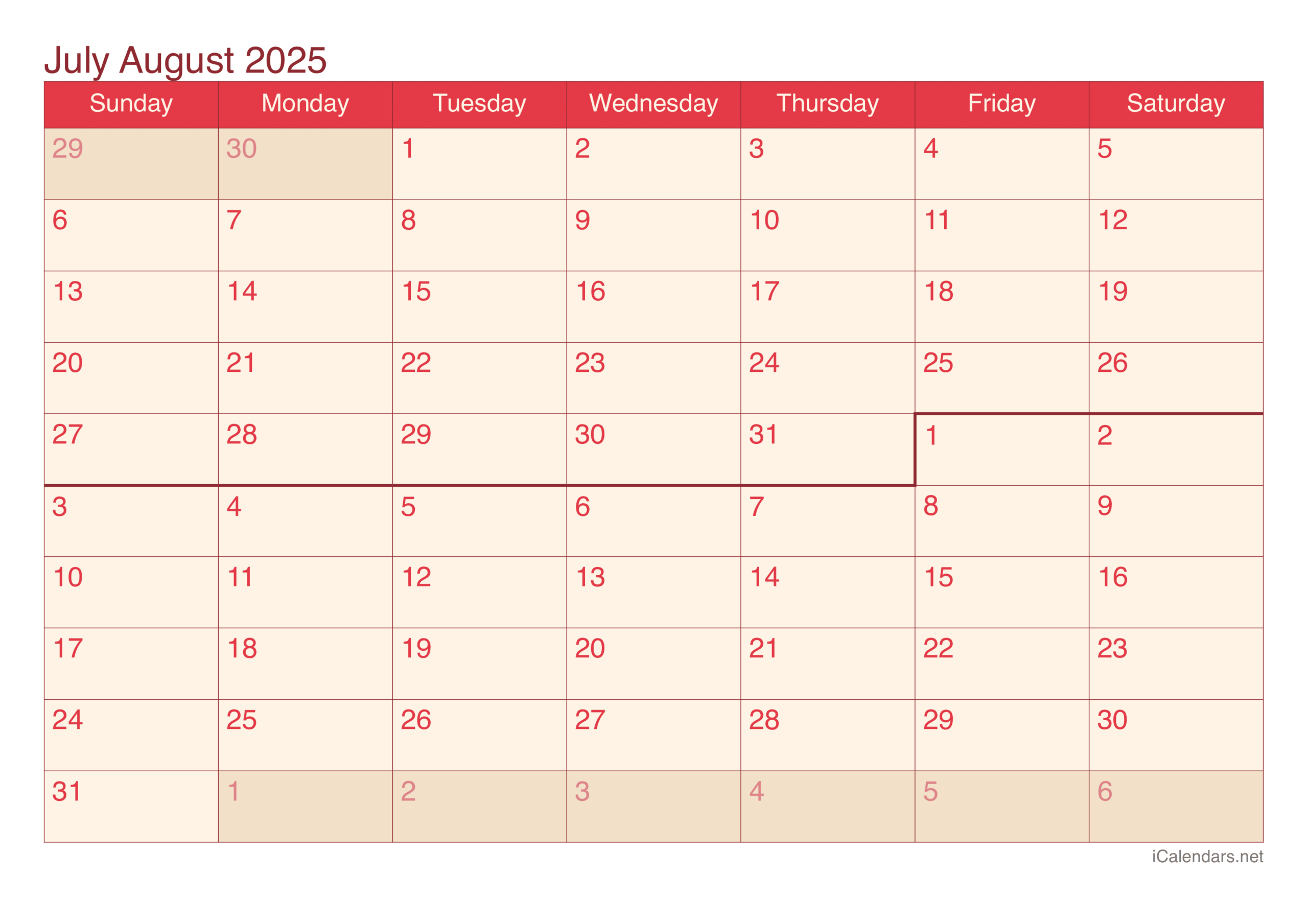 July And August 2025 Printable Calendar intended for July August 2025 Calendar Printable