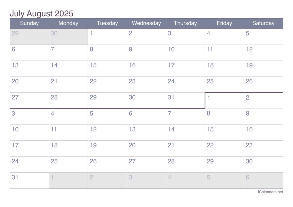 July And August 2025 Printable Calendar Intended For Printable Calendar July And August 2025