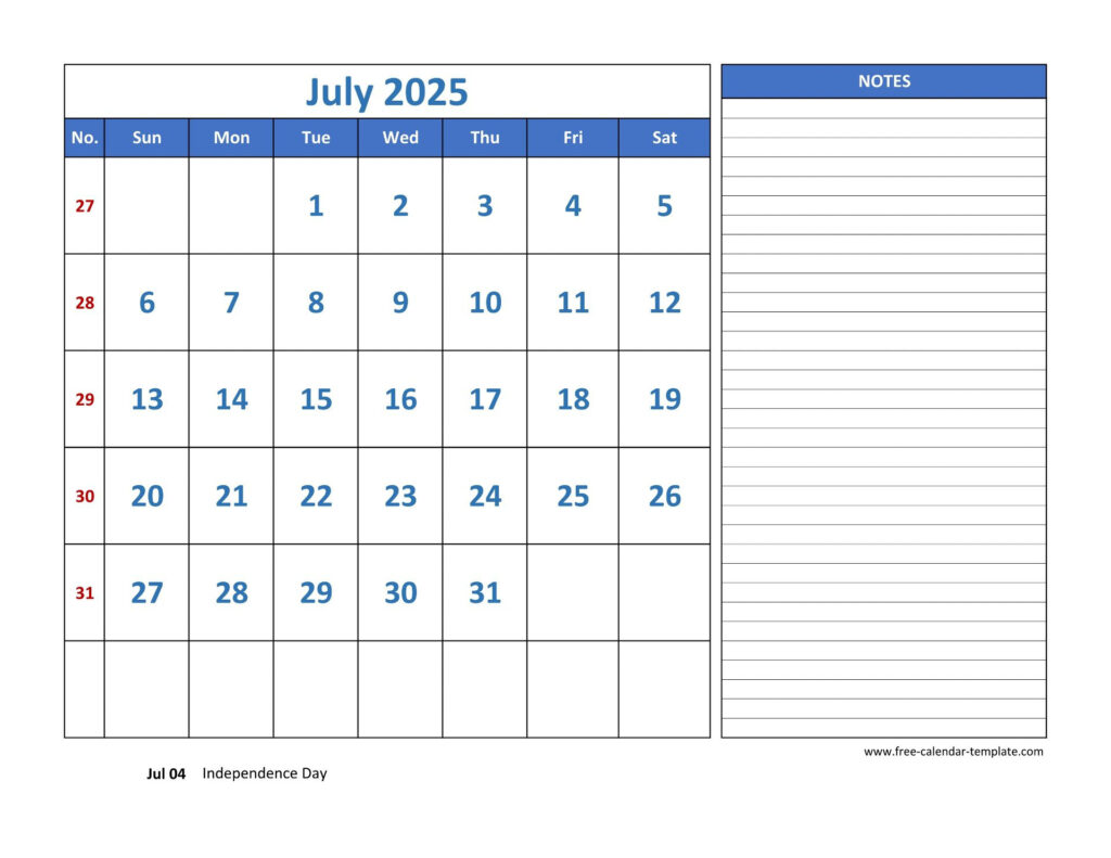 July Calendar 2025 Grid Lines For Holidays And Notes (Horizontal Intended For Free Printable 2025 Calendar With Lines