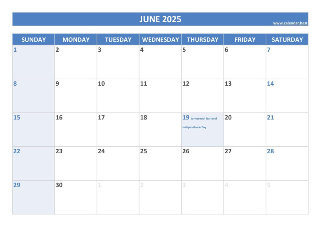 June 2025 Calendar  Calendar.best In June 2025 Calendar With Holidays Printable