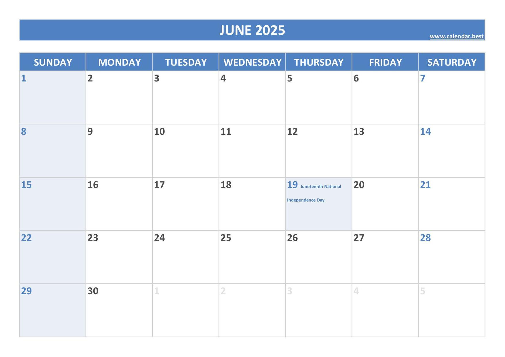 June 2025 Calendar -Calendar.best in June 2025 Calendar With Holidays Printable