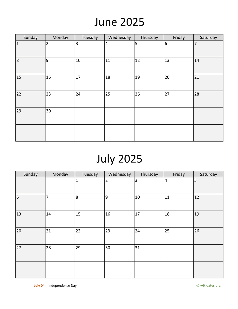 June And July 2025 Calendar | Wikidates in July 2025 to June 2025 Calendar Printable Free