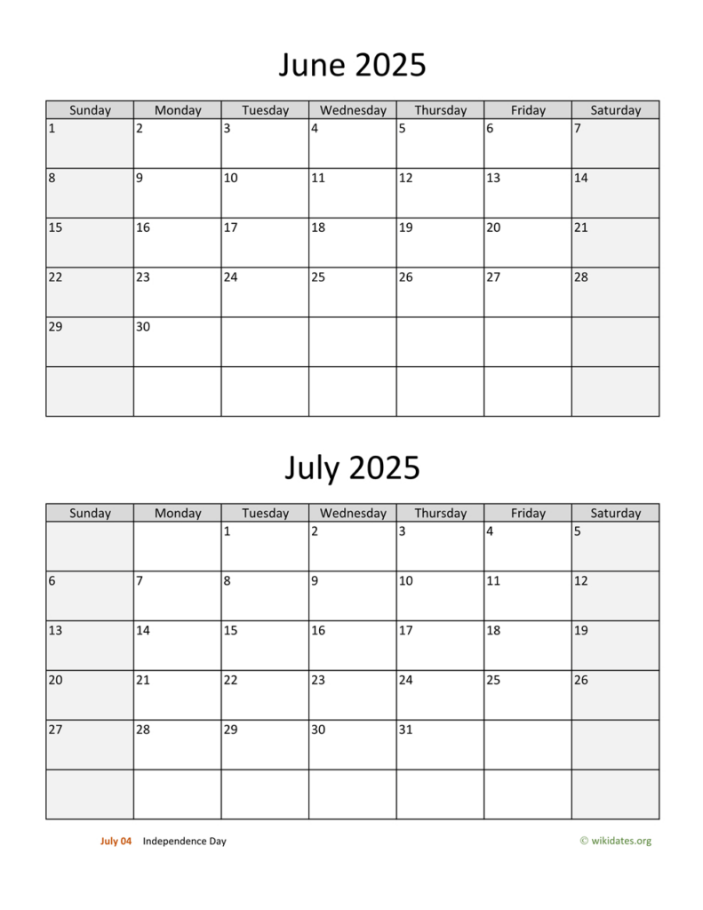 June And July 2025 Calendar | Wikidates Pertaining To Calendar July 2025 To June 2025 Printable