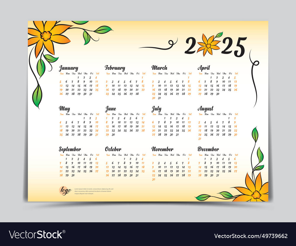 Kalender 2025 Vorlage Gelb Blumen Design Vektorbild regarding Printable Floral Calendar 2025