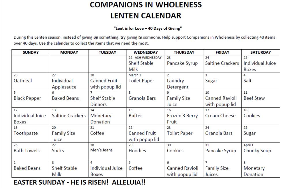 Lenten Calendar: Companions In Wholeness – Grace Congregational For Lent 2025 Calendar Printable