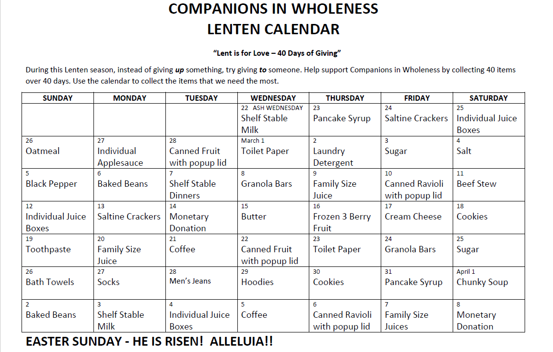 Lenten Calendar: Companions In Wholeness – Grace Congregational for Lent 2025 Calendar Printable