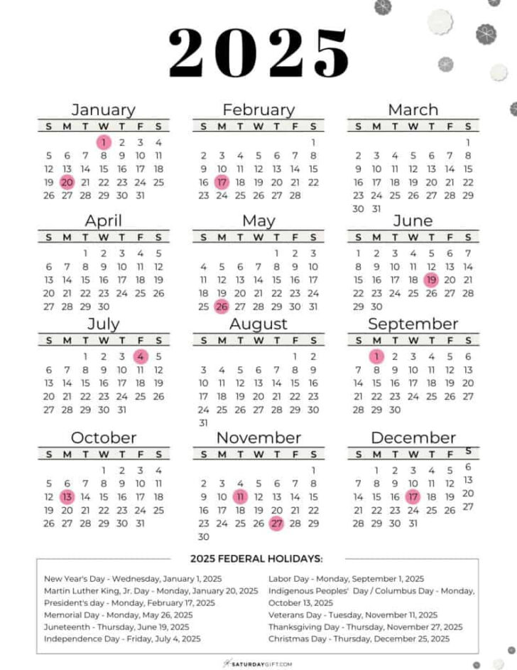 Printable Calendar 2025 with Federal Holidays