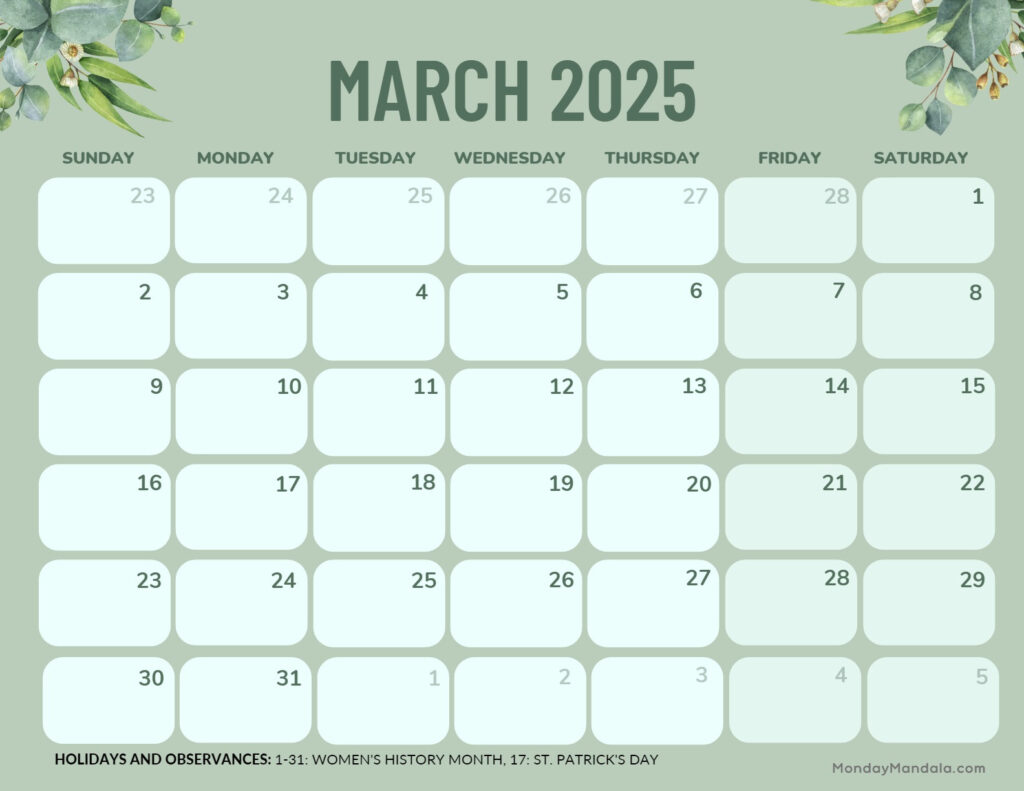 March 2025 Calendar (52 Free Pdf Printables) For Printable March Calendar 2025