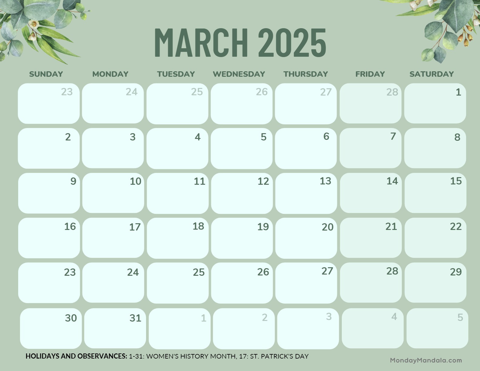 March 2025 Calendar (52 Free Pdf Printables) for Printable March Calendar 2025