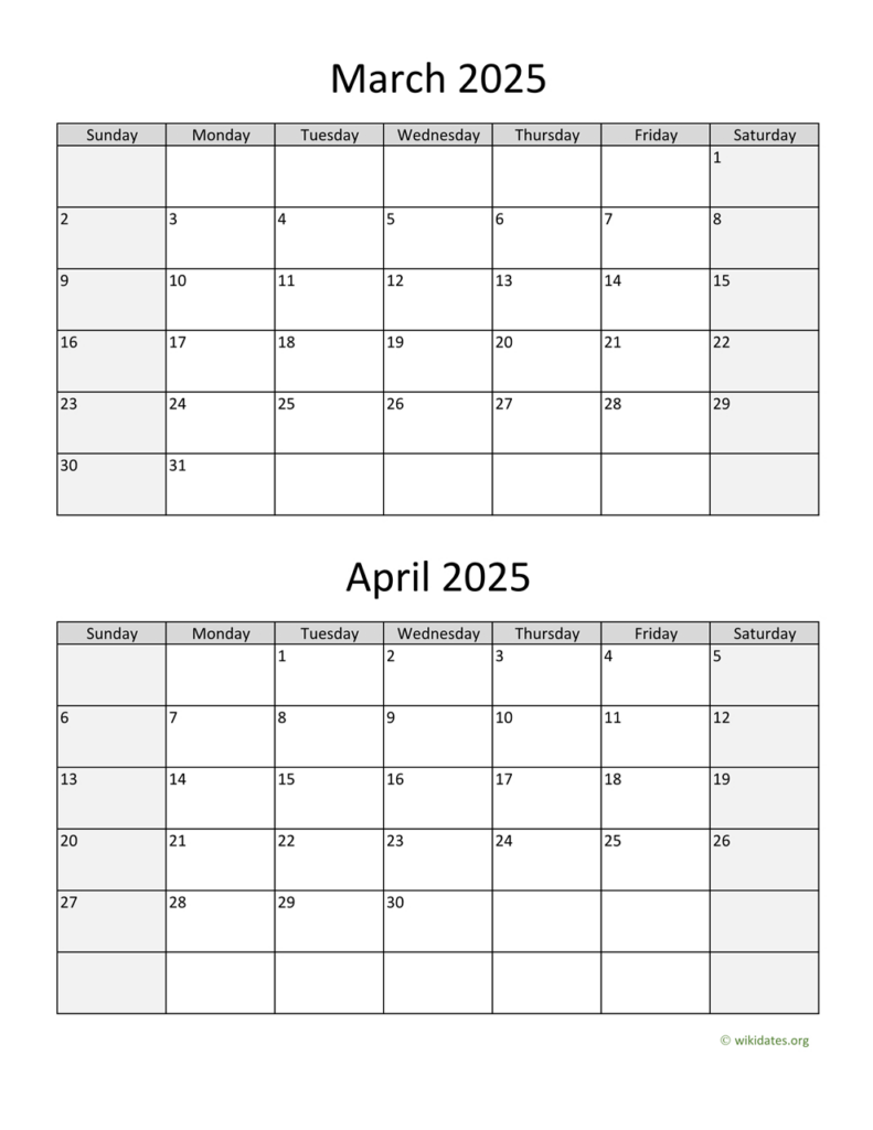 March And April 2025 Calendar | Wikidates Throughout Printable Calendar April 2025 To March 2025