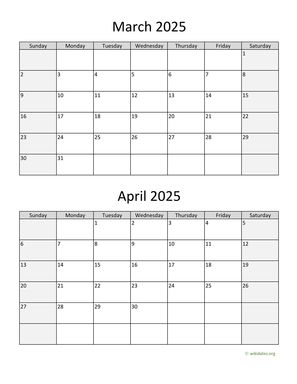 March And April 2025 Calendar | Wikidates throughout Printable Calendar April 2025 to March 2025