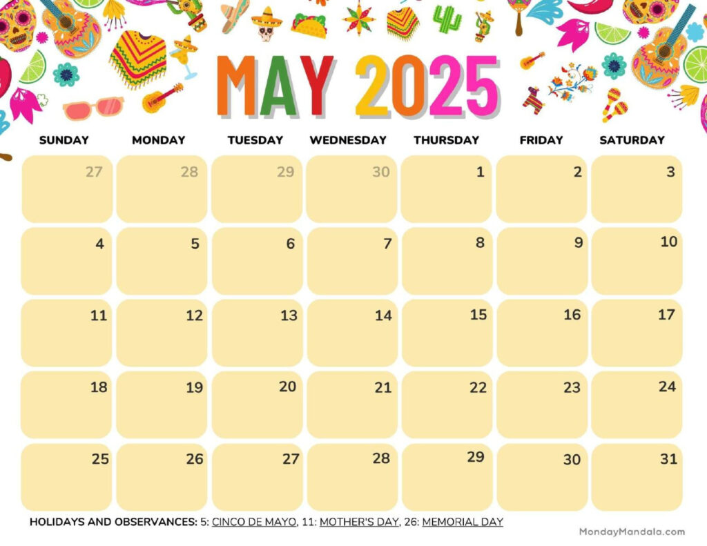 May 2025 Calendar (52 Free Pdf Printables) With May 2025 Calendar With Holidays Printable