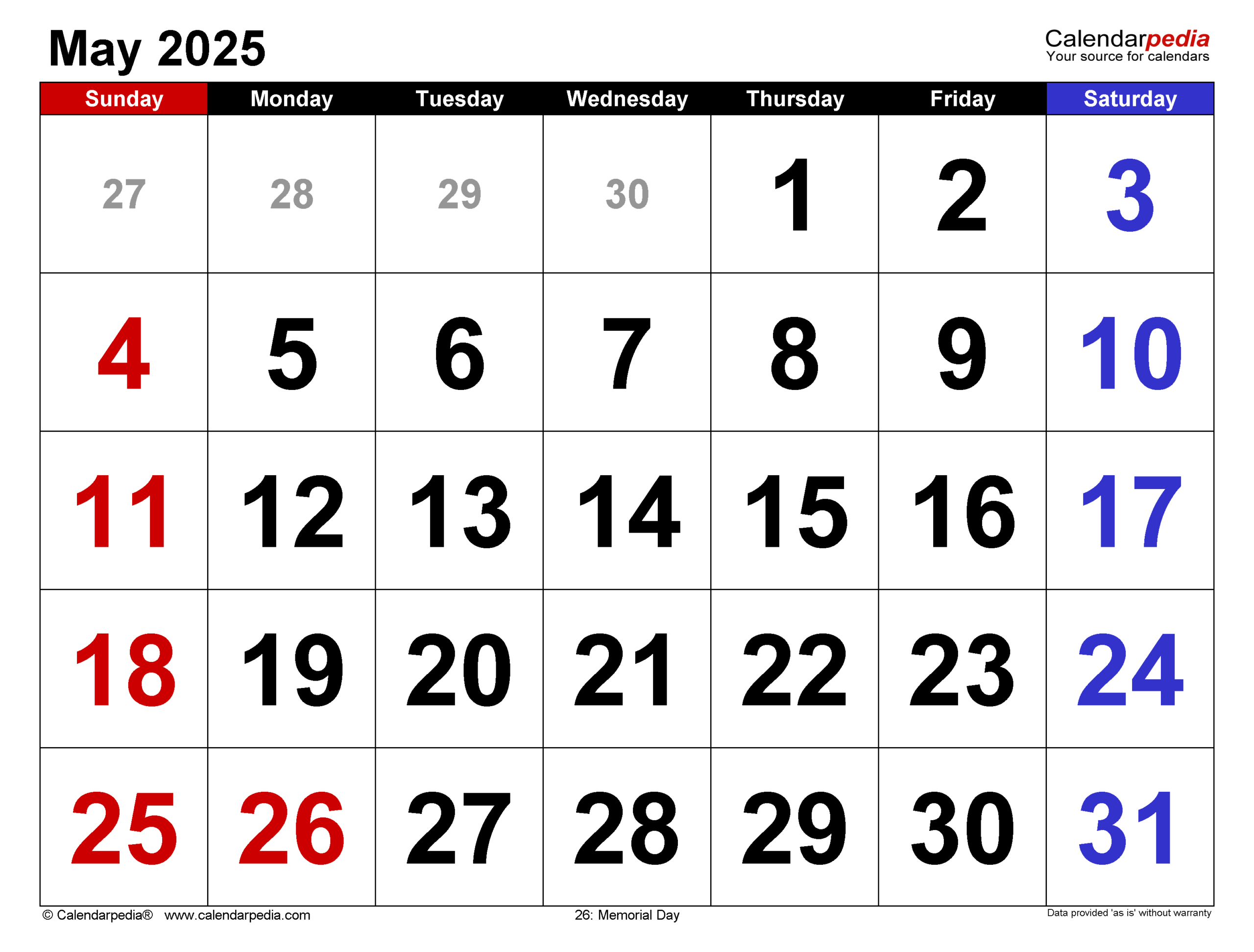 May 2025 Calendar | Templates For Word, Excel And Pdf for Printable May 2025 Calendar With Holidays