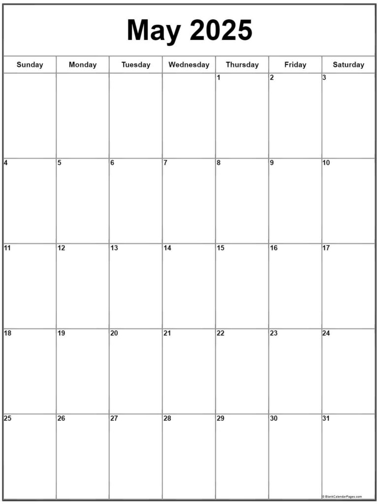 May 2025 Vertical Calendar | Portrait In May 2025 Calendar Printable Vertical