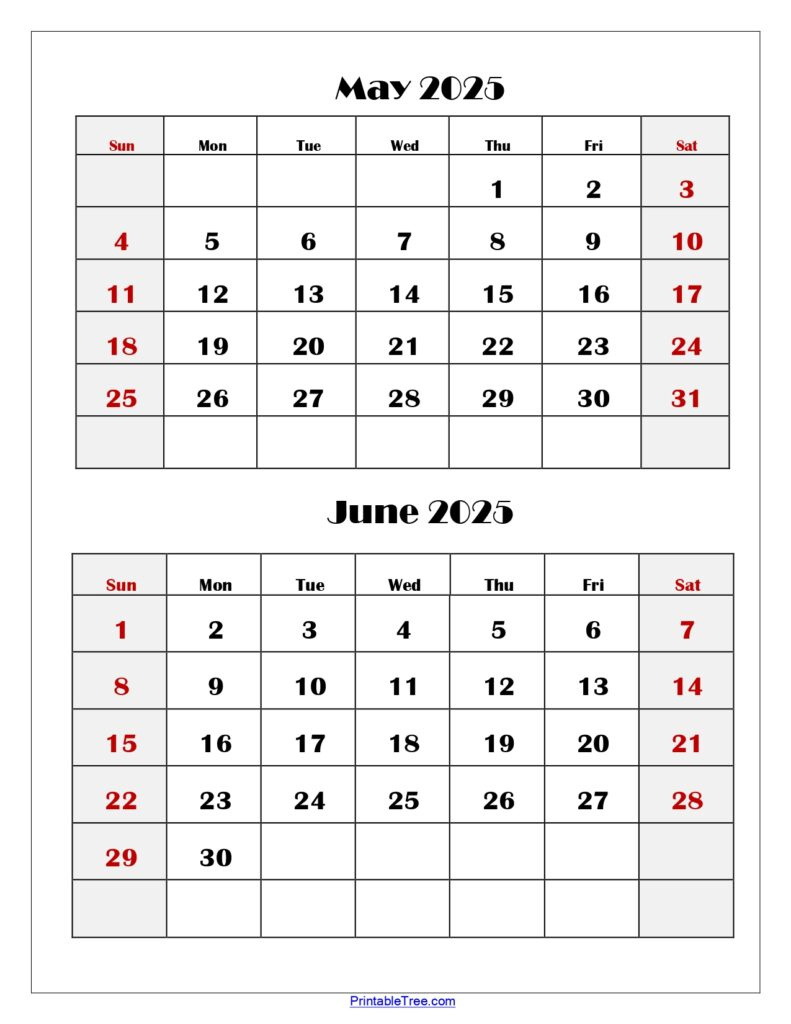 May And June 2025 Calendar Printable Pdf | Two Months Calendar pertaining to Printable Calendar 2025 3 Months Per Page