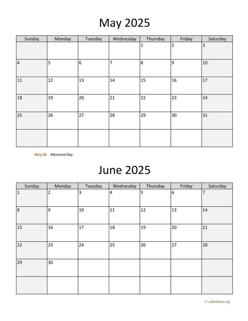 May And June 2025 Calendar | Wikidates Inside May And June 2025 Calendar Printable