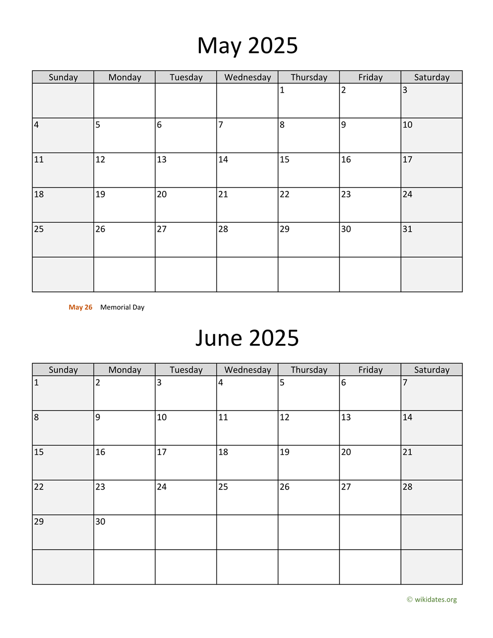 May And June 2025 Calendar | Wikidates inside May and June 2025 Calendar Printable