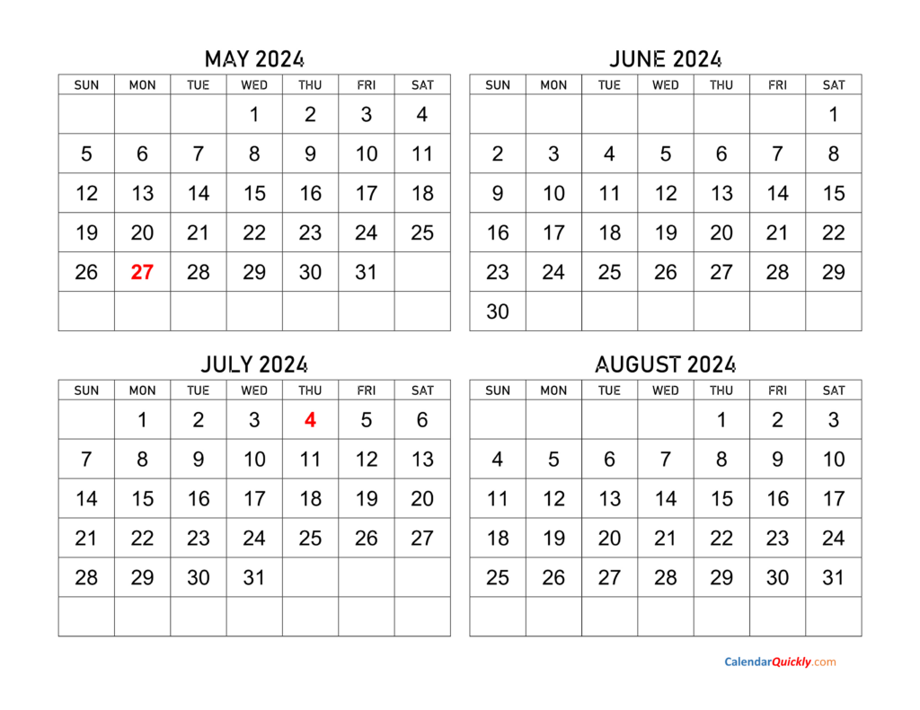 May To August 2024 Calendar | Calendar Quickly Pertaining To Printable Calendar August 2024 May 2025