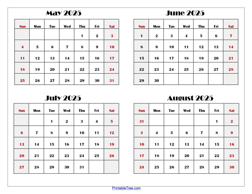 May To August 2025 Calendar Printable Pdf | Four Months Calendar in Printable Calendar August 2025-May 2025