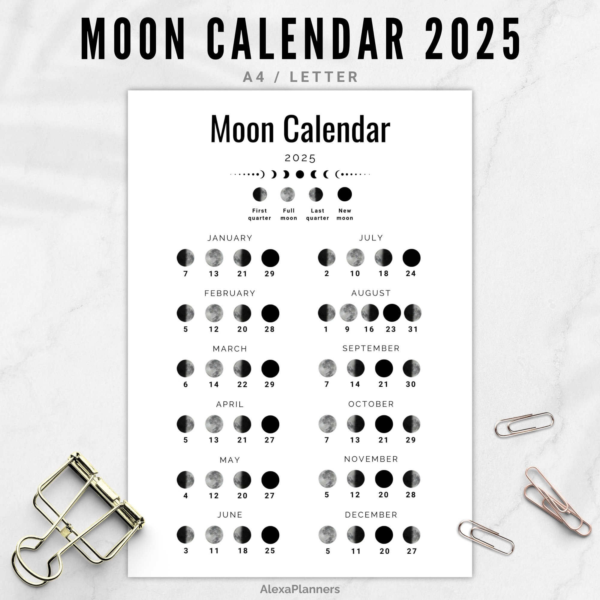 Mondphasenkalender 2025, Mondkalender In A4 / Letter Größe - Etsy.de pertaining to Free Printable Lunar Calendar 2025