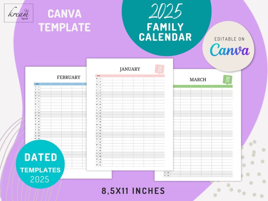 Monthly Family Calendar 2025, Canva Editable, Printable, Letter For Printable Family Calendar 2025