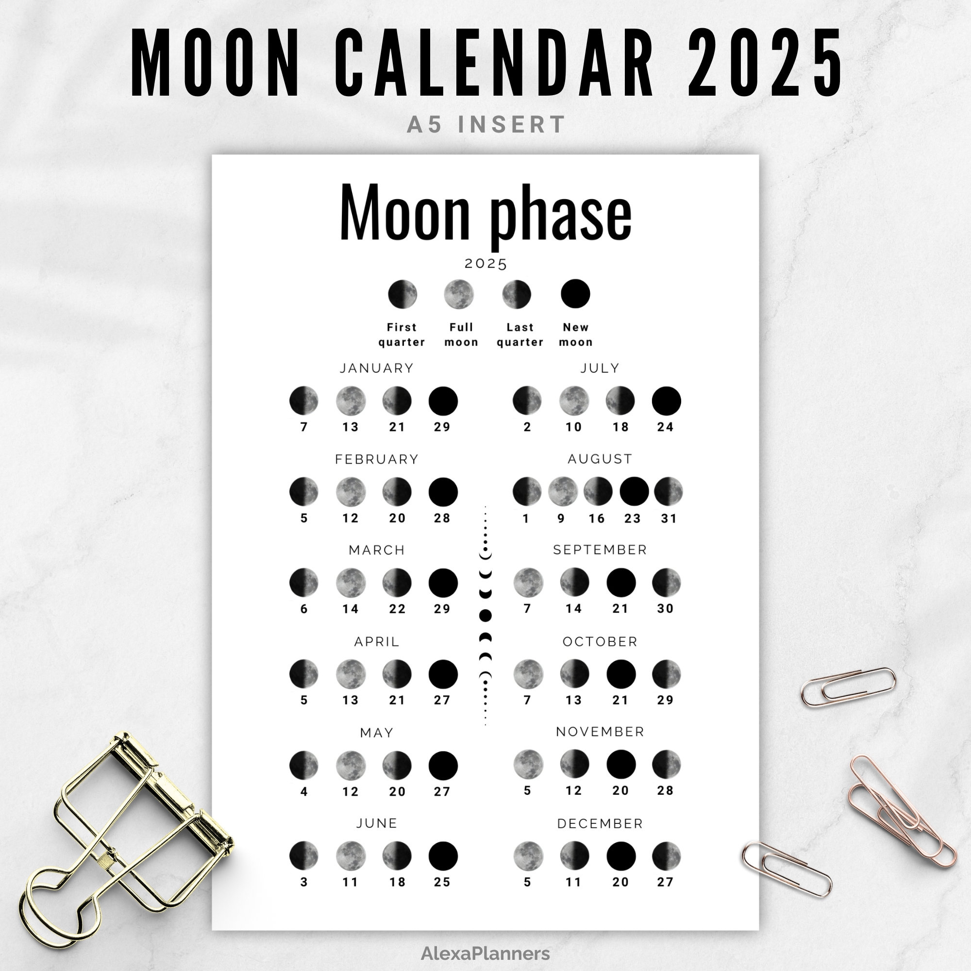 Moon Phase Calendar 2025, Lunar Calendar, A5 Planner Inserts - Etsy for 2025 Full Moon Calendar Printable