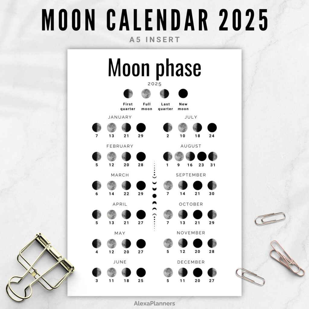 Moon Phase Calendar 2025, Lunar Calendar, A5 Planner Inserts   Etsy With Printable Full Moon Calendar 2025