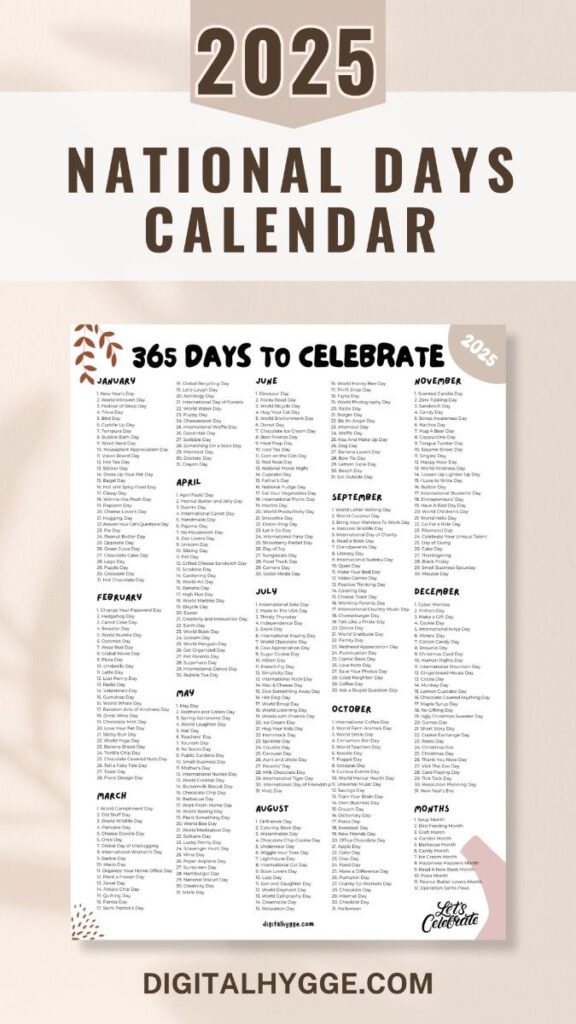 National Days And Holidays 2025 Printable Pdf Throughout 2025 National Day Calendar Printable