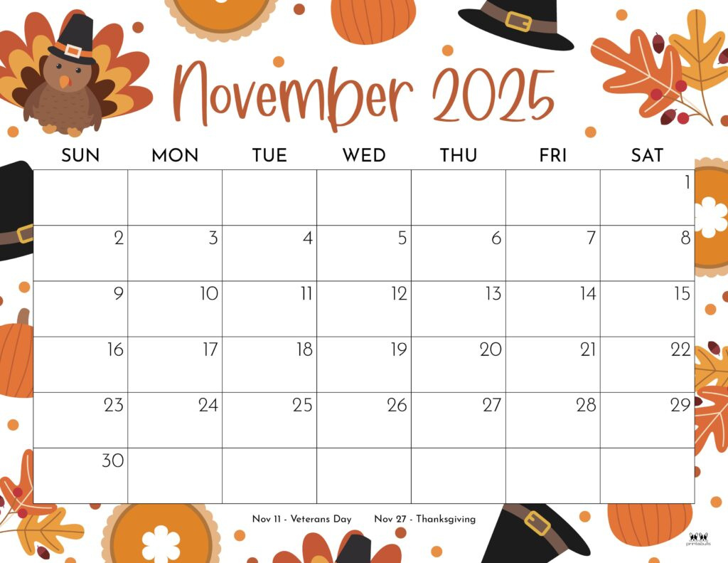 November 2025 Calendars - 107 Free Printables | Printabulls throughout November 2025 Calendar with Holidays Printable Free