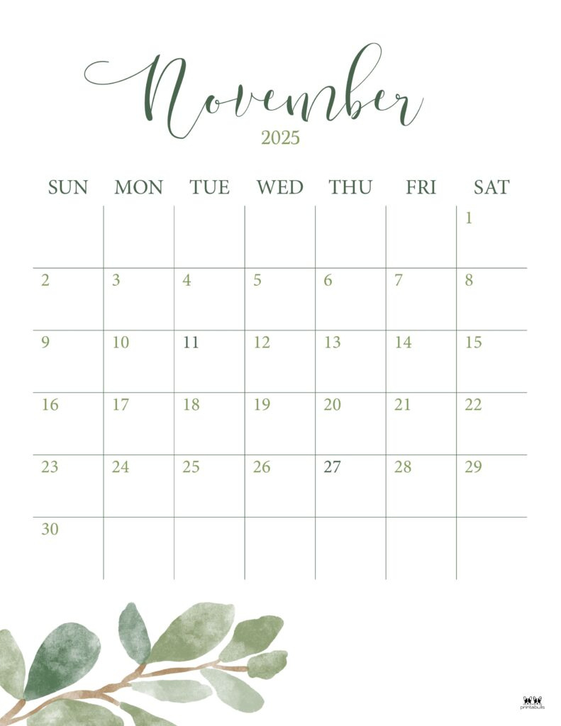 November 2025 Calendars - 107 Free Printables | Printabulls with Blank November 2025 Calendar Printable