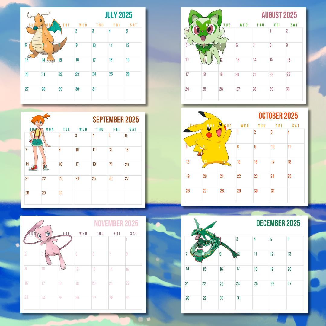 Pokemon Printable Calendar 2025, Gaming, Game, Game Room Decor, Gaming Gifts, Wall Art, Calendars, Pikachu, Mew, Rayquaza, Ash, May regarding Free Printable Pokemon Calendar 2025