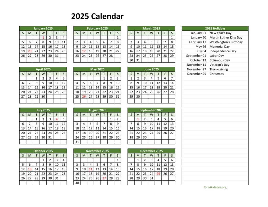 Printable 2025 Calendar With Federal Holidays | Wikidates Throughout Free Printable 2025 Calendar With Federal Holidays