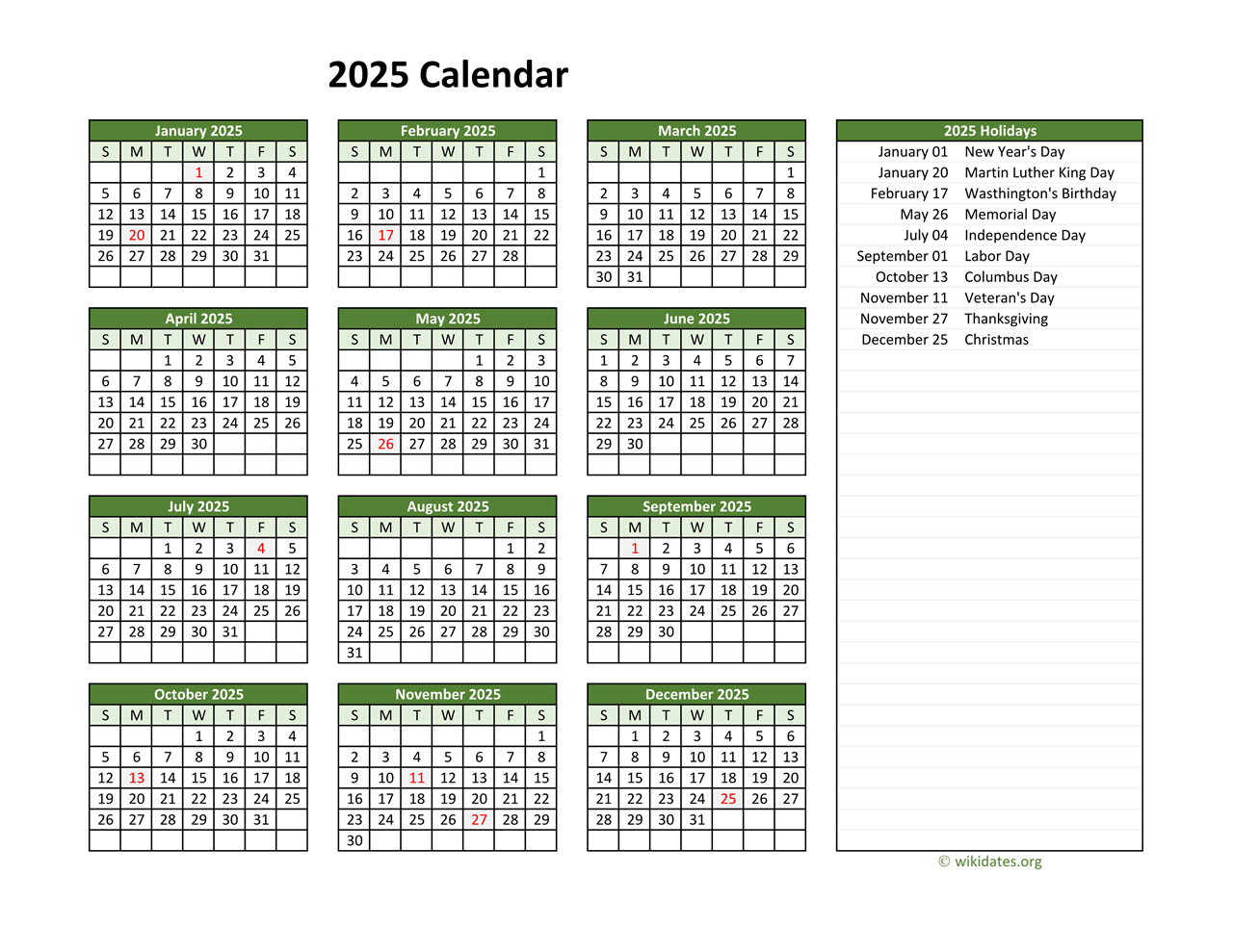 Printable 2025 Calendar With Federal Holidays | Wikidates throughout Free Printable 2025 Calendar with Federal Holidays