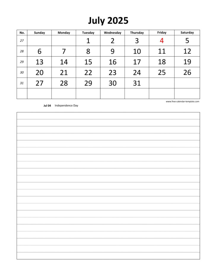 Printable Monthly Calendar 2025 with Notes