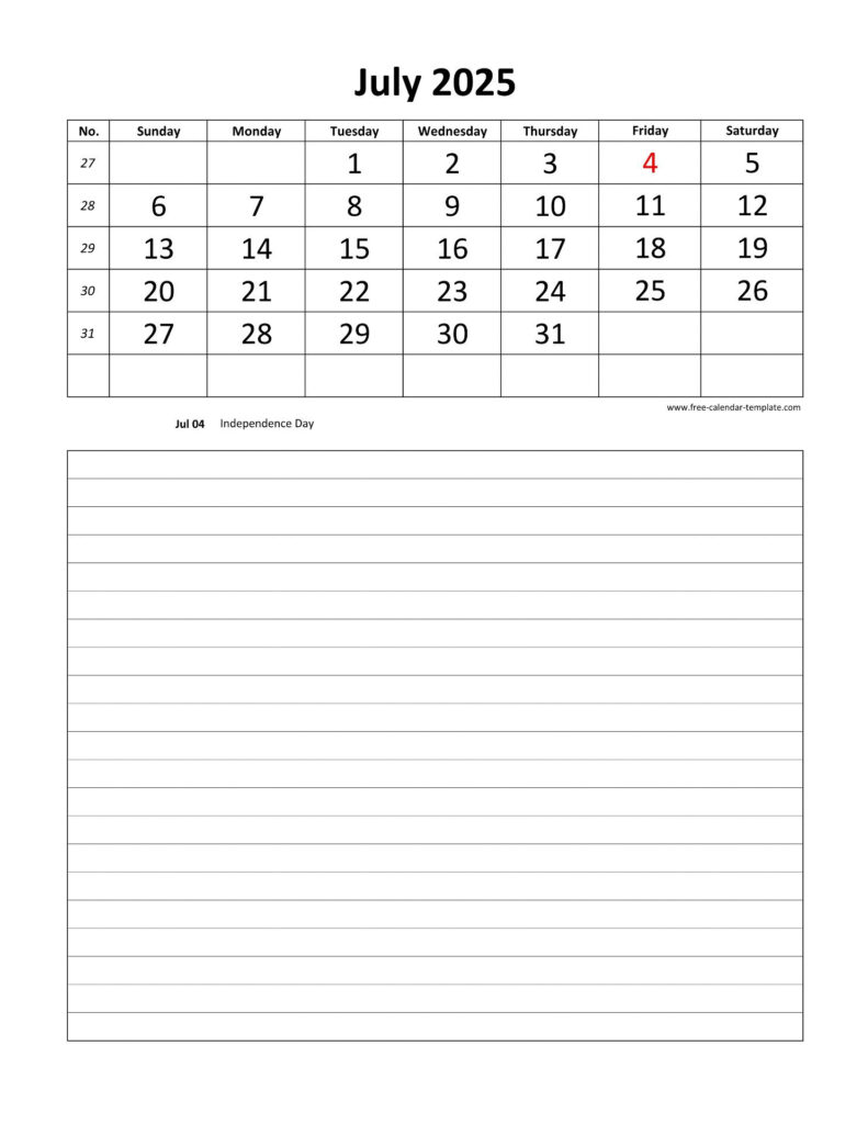 Printable 2025 July Calendar Grid Lines For Daily Notes (Vertical In Printable Monthly Calendar 2025 With Notes