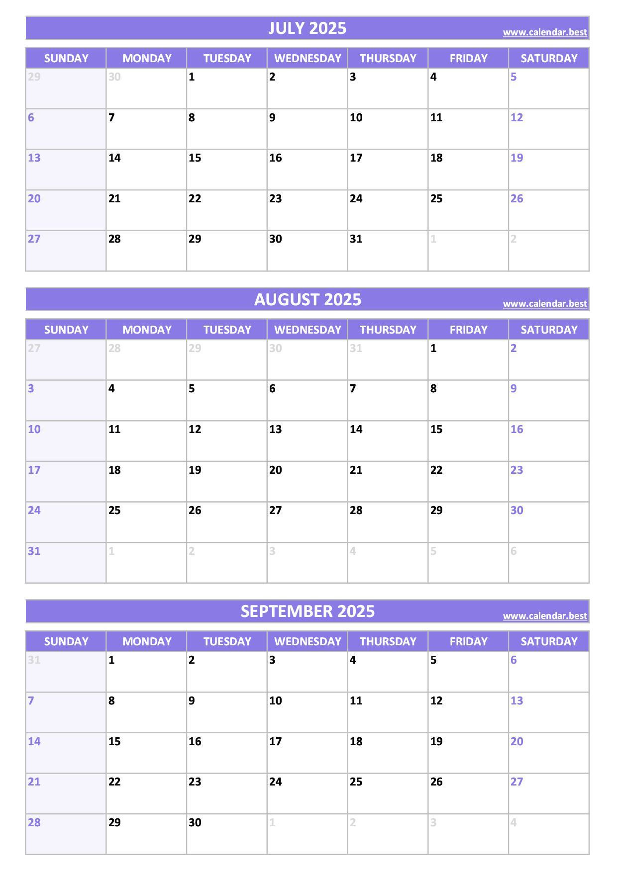 Printable 3Rd Quarter 2025 Calendar in 3 Month Calendar 2025 Printable