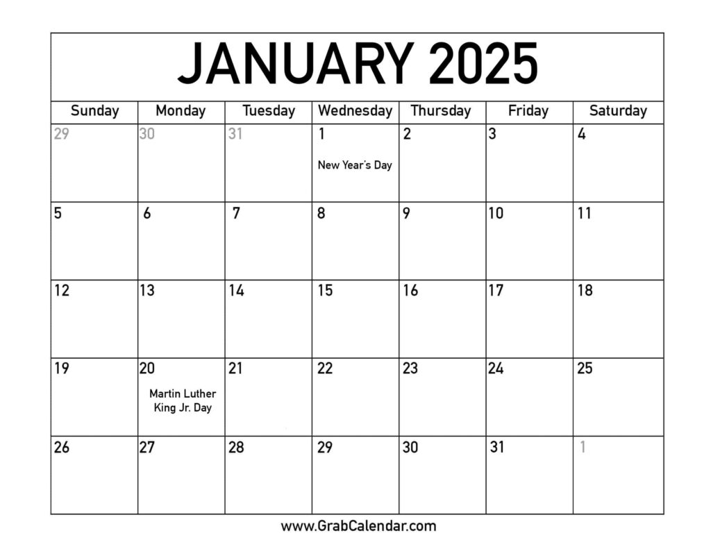 Printable January 2025 Calendar For 2025 Printable Calendar By Month With Holidays Printable Free