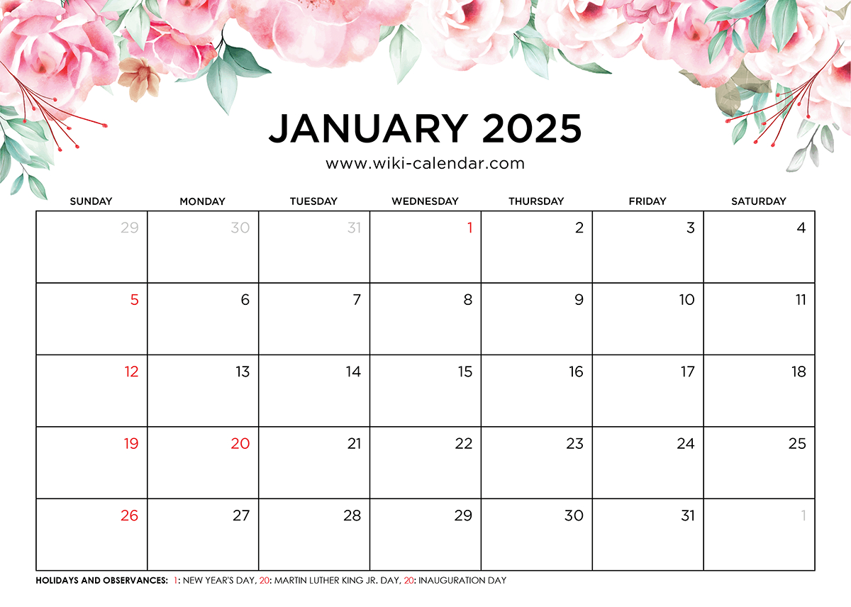 Printable January 2025 Calendar Templates With Holidays for January 2025 Calendar Printable Wiki