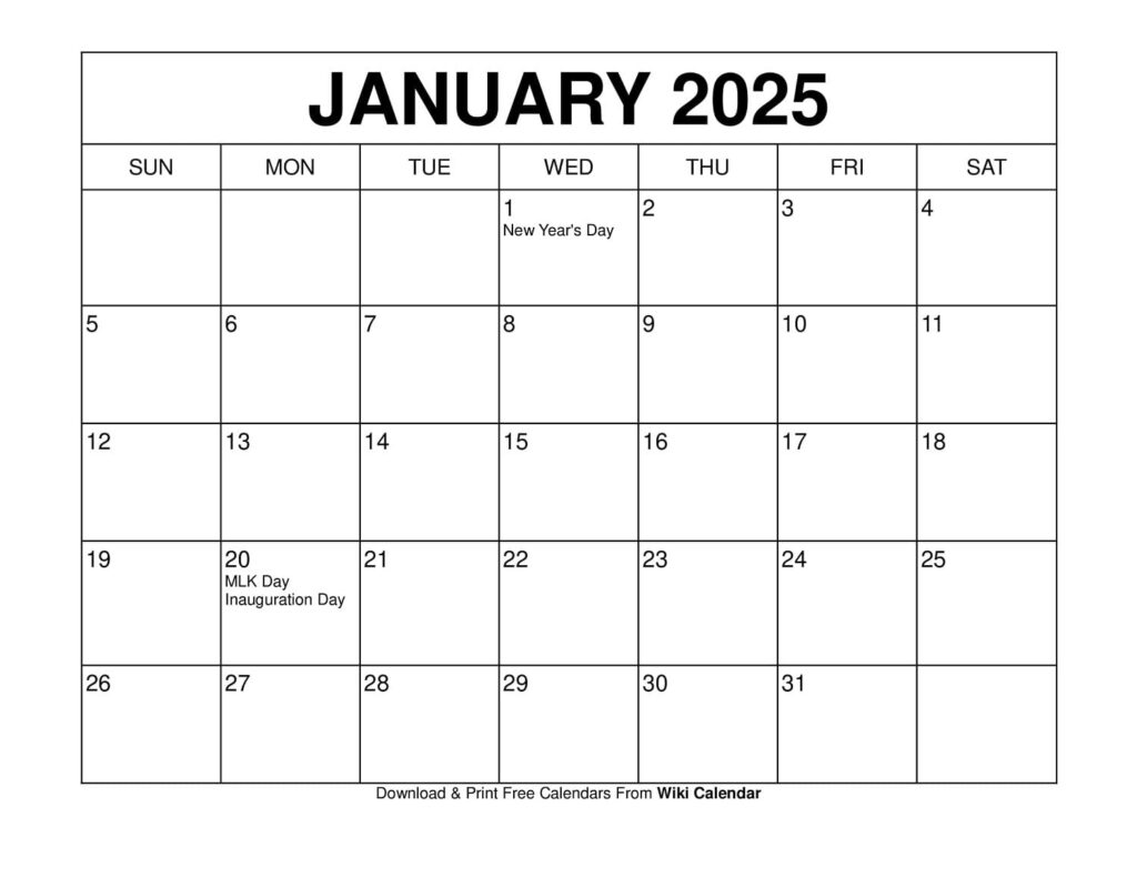 Printable January 2025 Calendar Templates With Holidays Throughout 2025 Calendar Printable Wiki