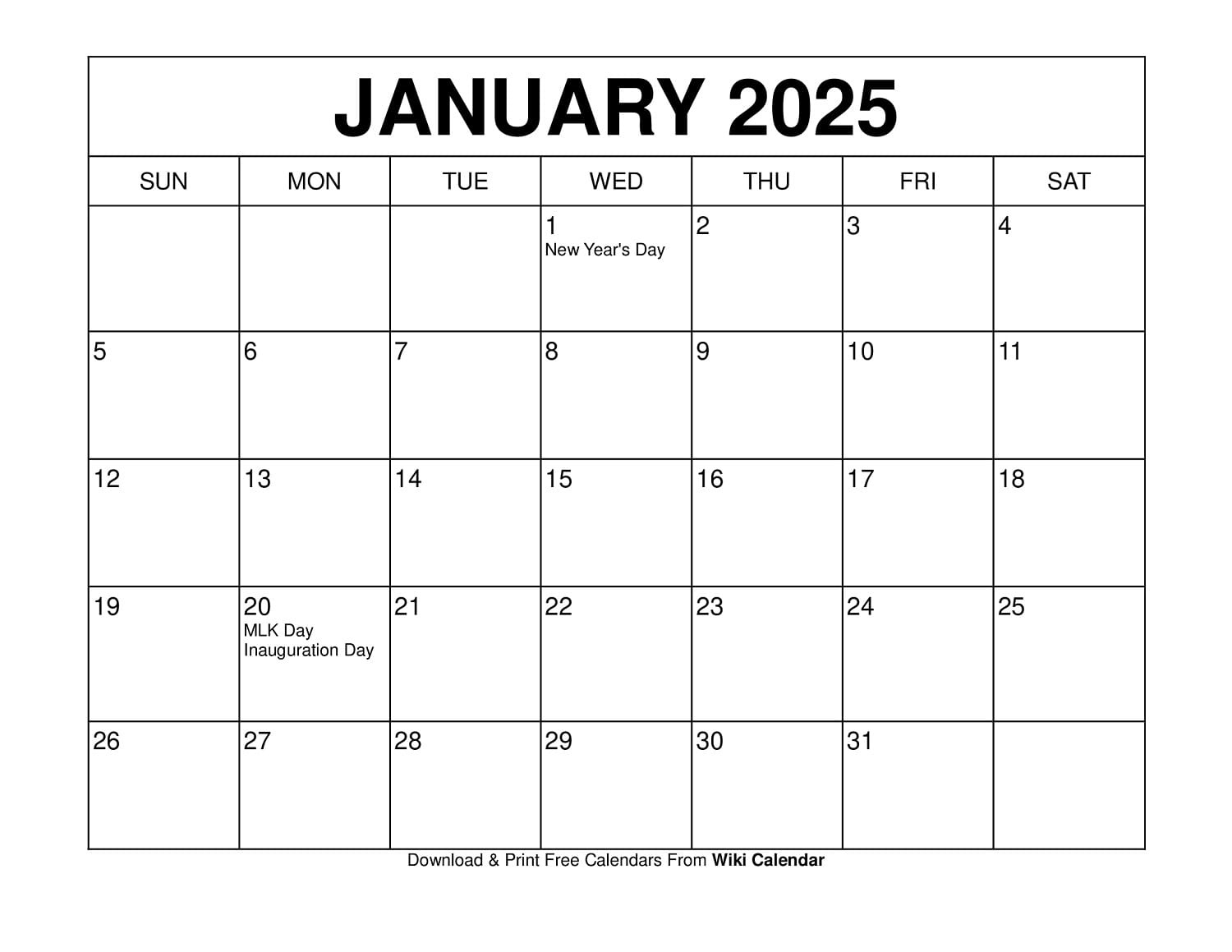 Printable January 2025 Calendar Templates With Holidays throughout 2025 Calendar Printable Wiki