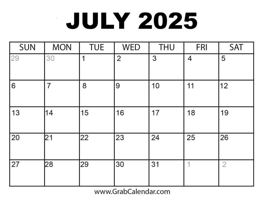 Printable July 2025 Calendar In Calendar July 2025 To June 2025 Printable