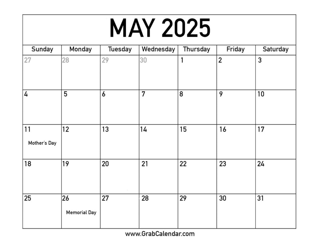 Printable May 2025 Calendar For May 2025 Calendar Printable With Holidays