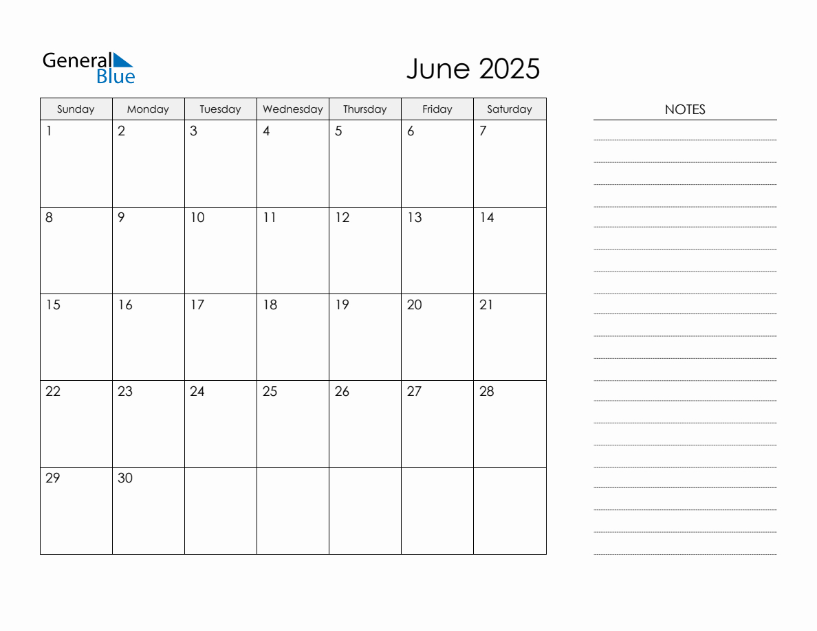 Printable Monthly Calendar With Notes - June 2025 regarding Printable Calendar 2025 with Notes Section